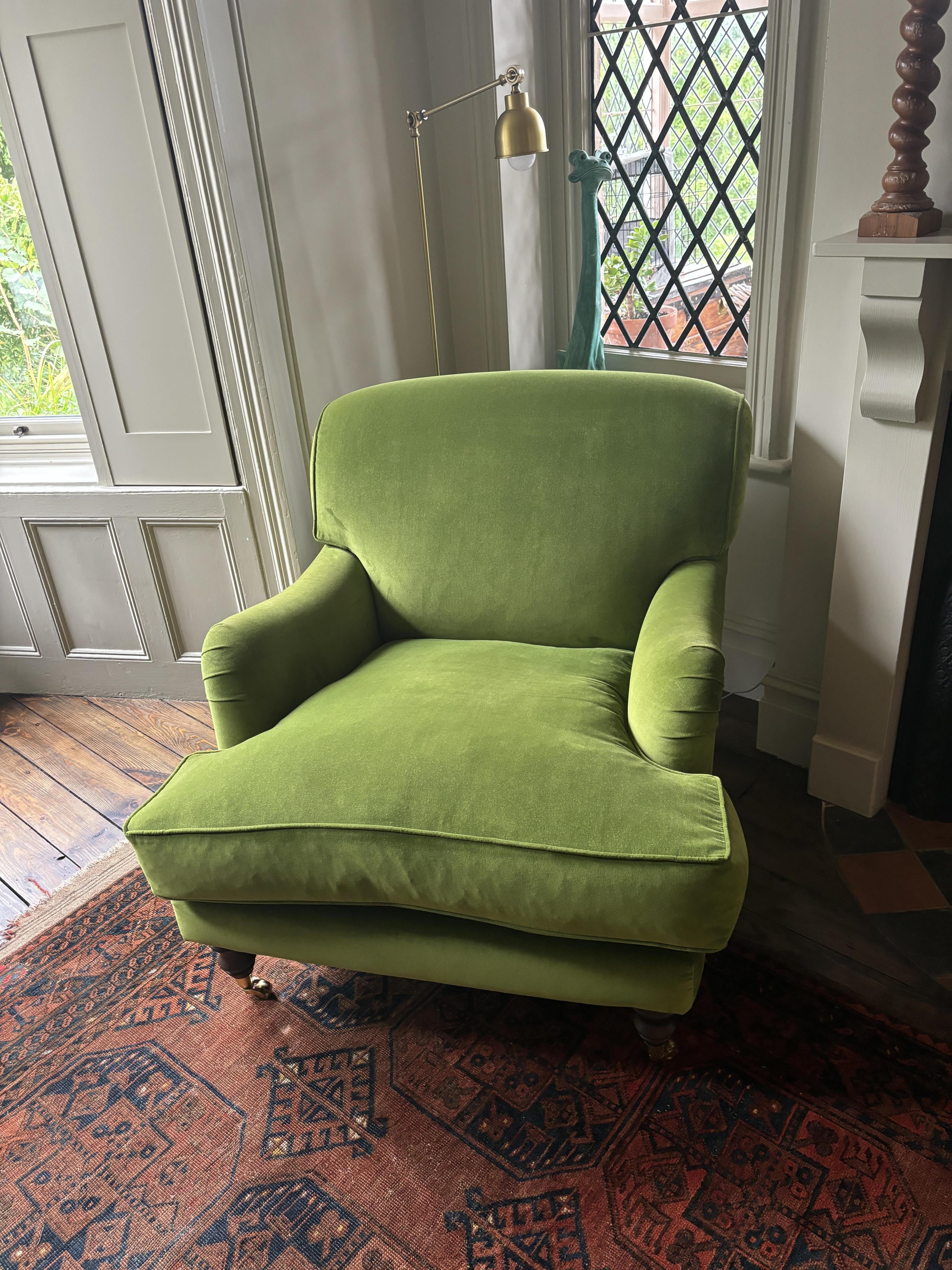 A Sofa Workshop 'Lady May' English roll arm green velvet club armchair, Howard style, seat generously feather filled, width 90cm, depth 110cm, height 84cm seat height 48cm. Condition - very good